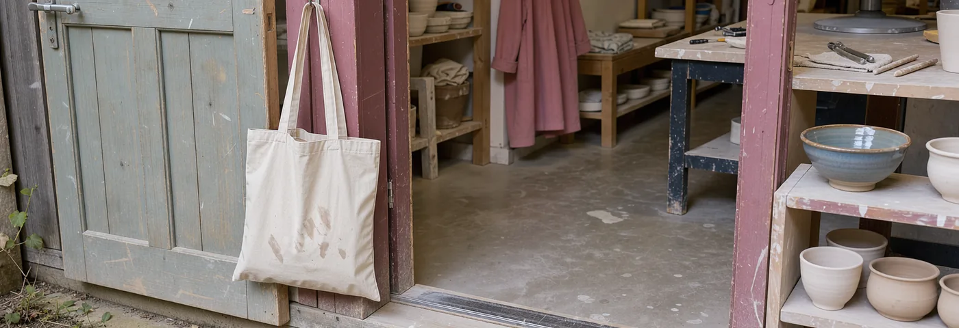 An open studio door and a canvas bag hanging from a plain hook in the morning.