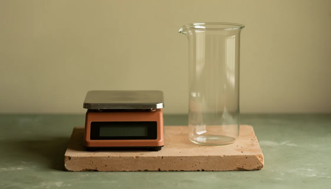 Still life of a laboratory balance beside a plain glass measuring cylinder