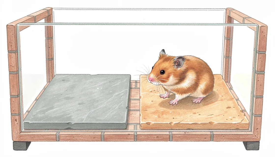 Illustration of a Syrian hamster exploring a two-compartment test enclosure
