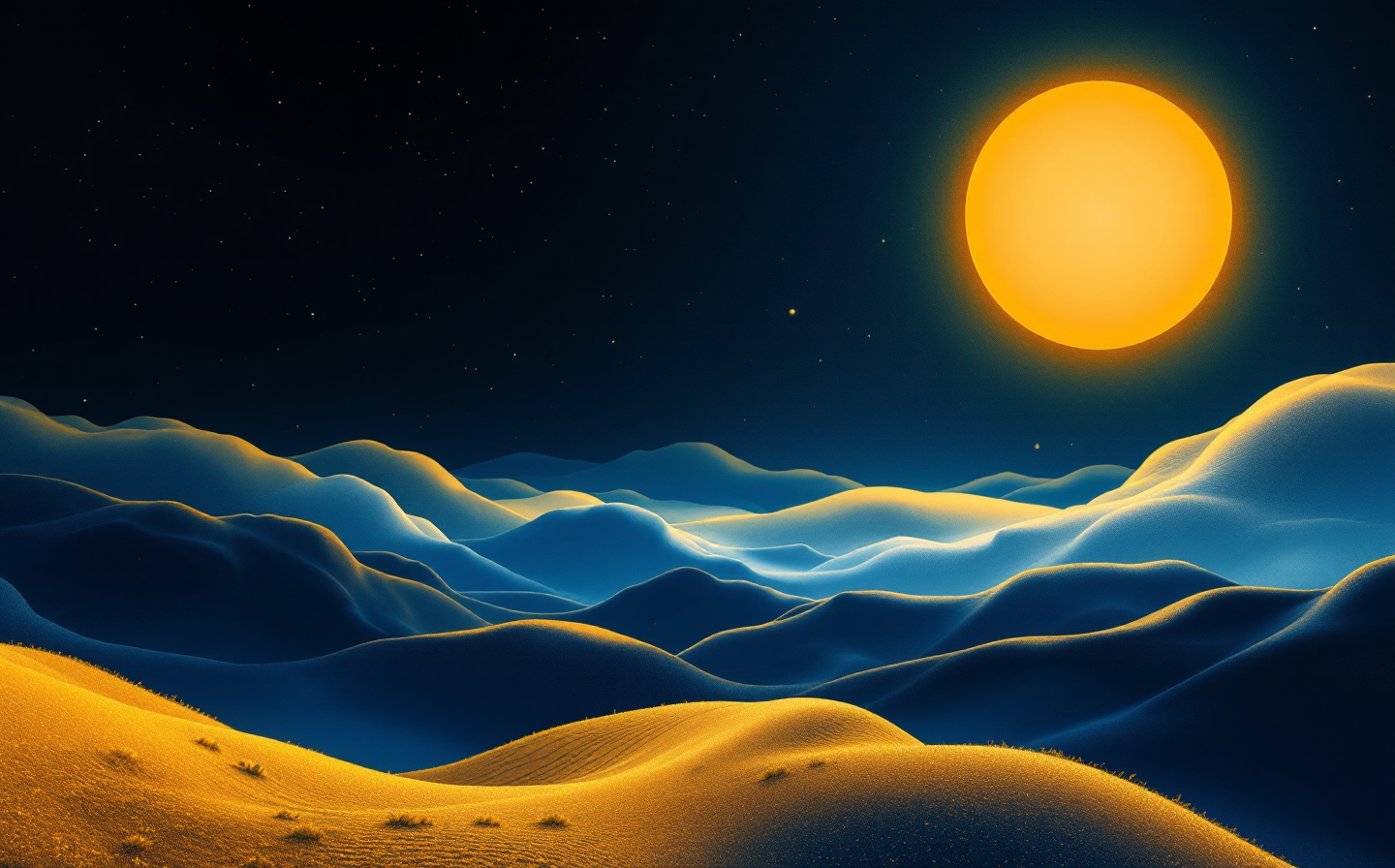 A Dutch-editorial poster plate of a large abstract cyclic seven-residue peptide ring in solar-yellow line with one coral active-residue bead, atmospheric, on a deep indigo night ground with a faint solar sun-glow