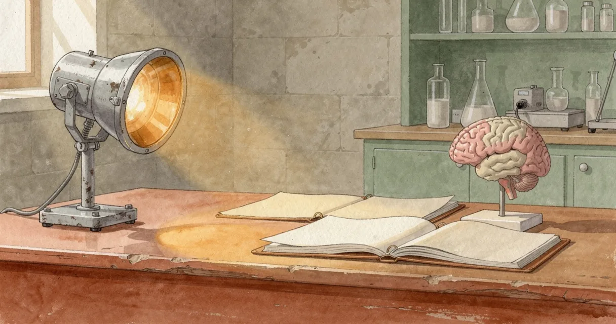 Editorial painting of an ultraviolet research lamp beside a brain teaching model and open folders