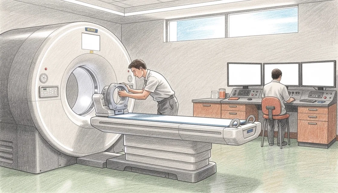 Editorial illustration of a technician preparing an empty MRI scanner